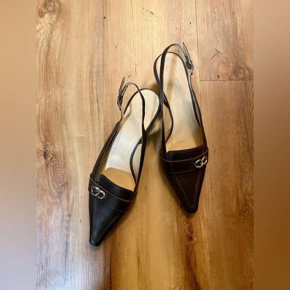 Dark Brown Kitten Heel Slingbacks with Silver Chain Detail - Picture 6 of 6